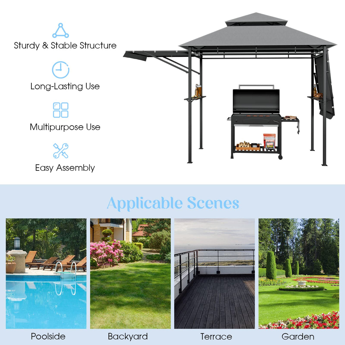 413 x 122cm Outdoor BBQ Grill Gazebo W/Dual Side Awnings, 2 Side Shelves, 8 Stakes Double-Tiered