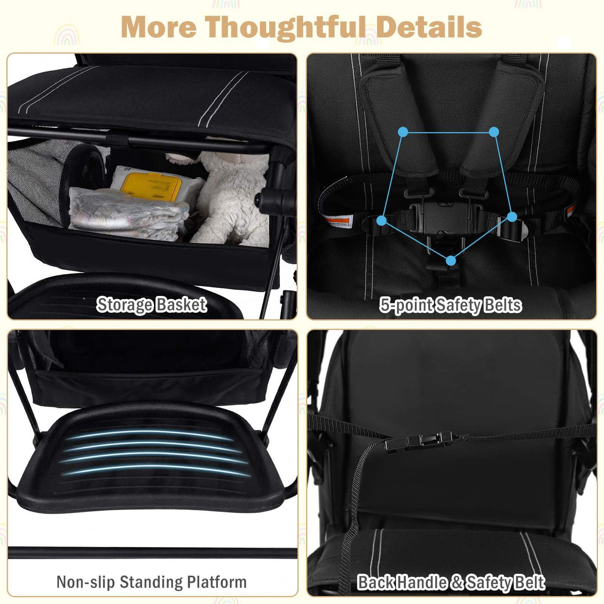 Sit and Stand Stroller, Foldable Double Stroller with Wristband