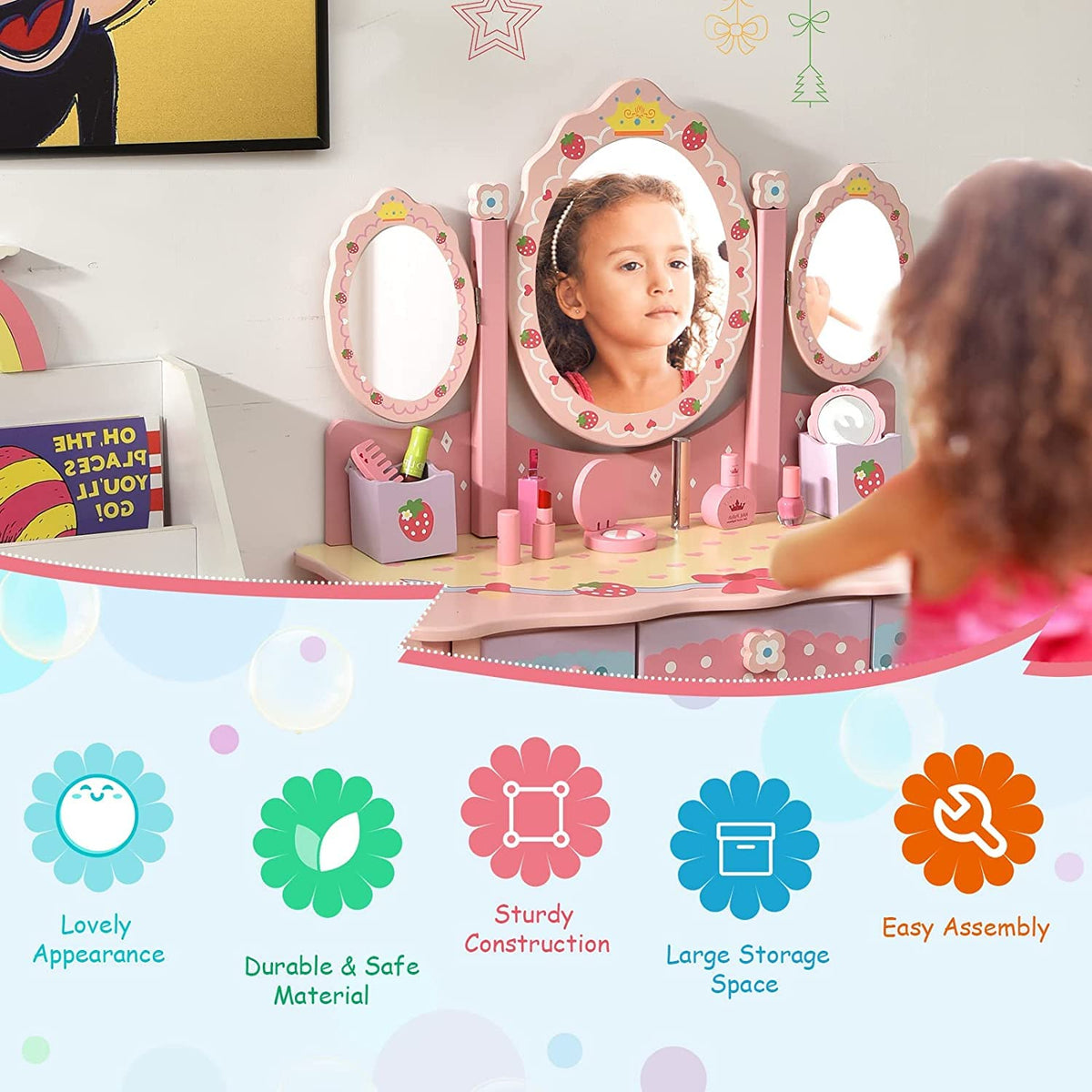 Kids Princess Vanity Table & Chair Set with 360° Rotating Mirror