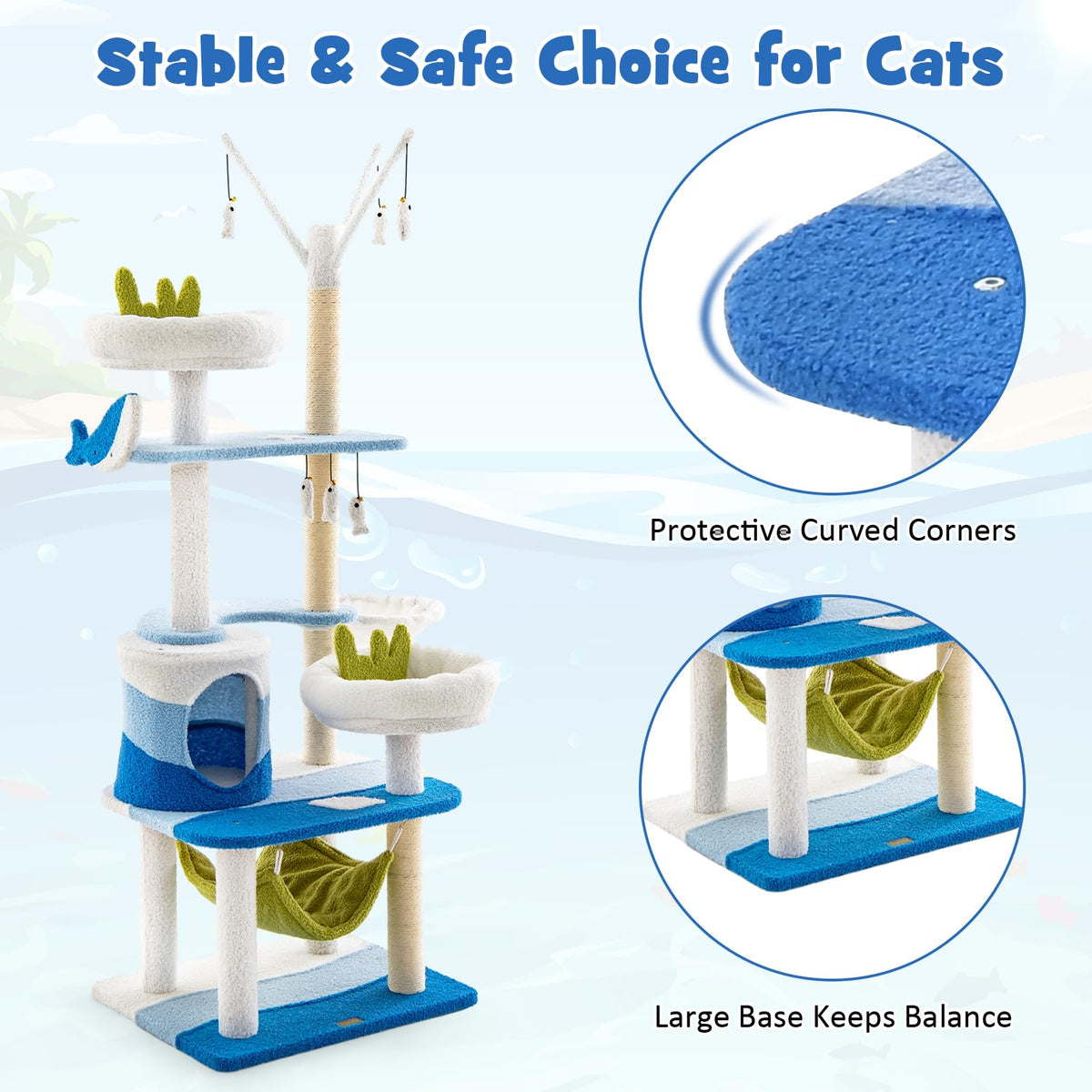 Ocean-Themed Cat Tree, Multi-Level Cat Tower w/Sisal Covered Scratching Posts