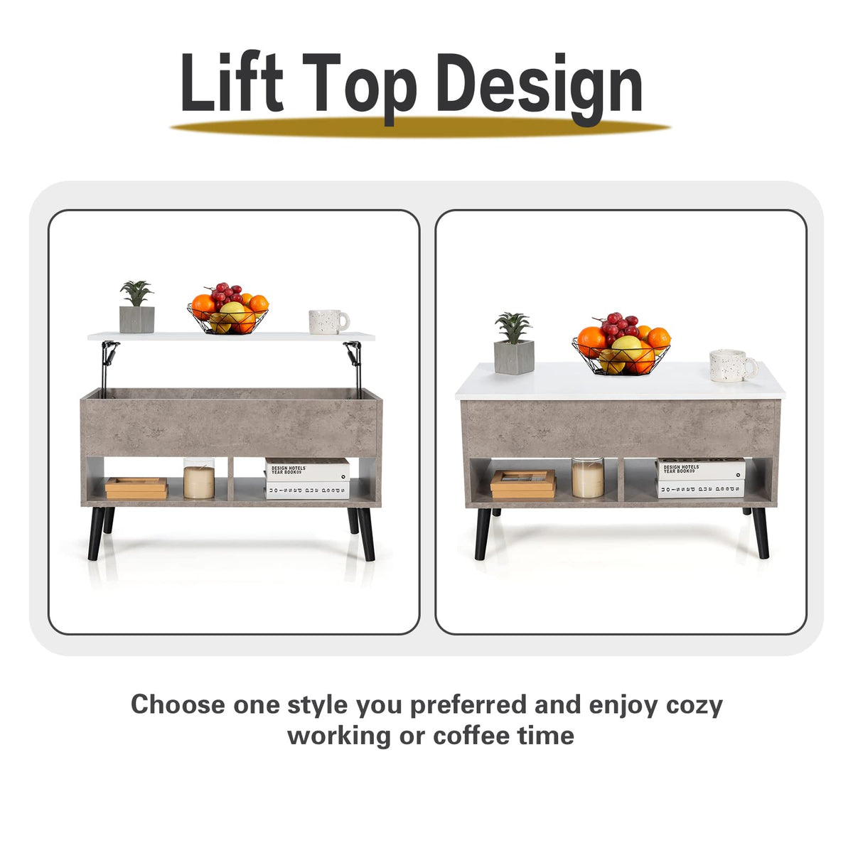 Giantex Lift Top Coffee Table, Wooden Lift Top Dining Table w/Hidden Storage Compartment & 2 Storage Shelves