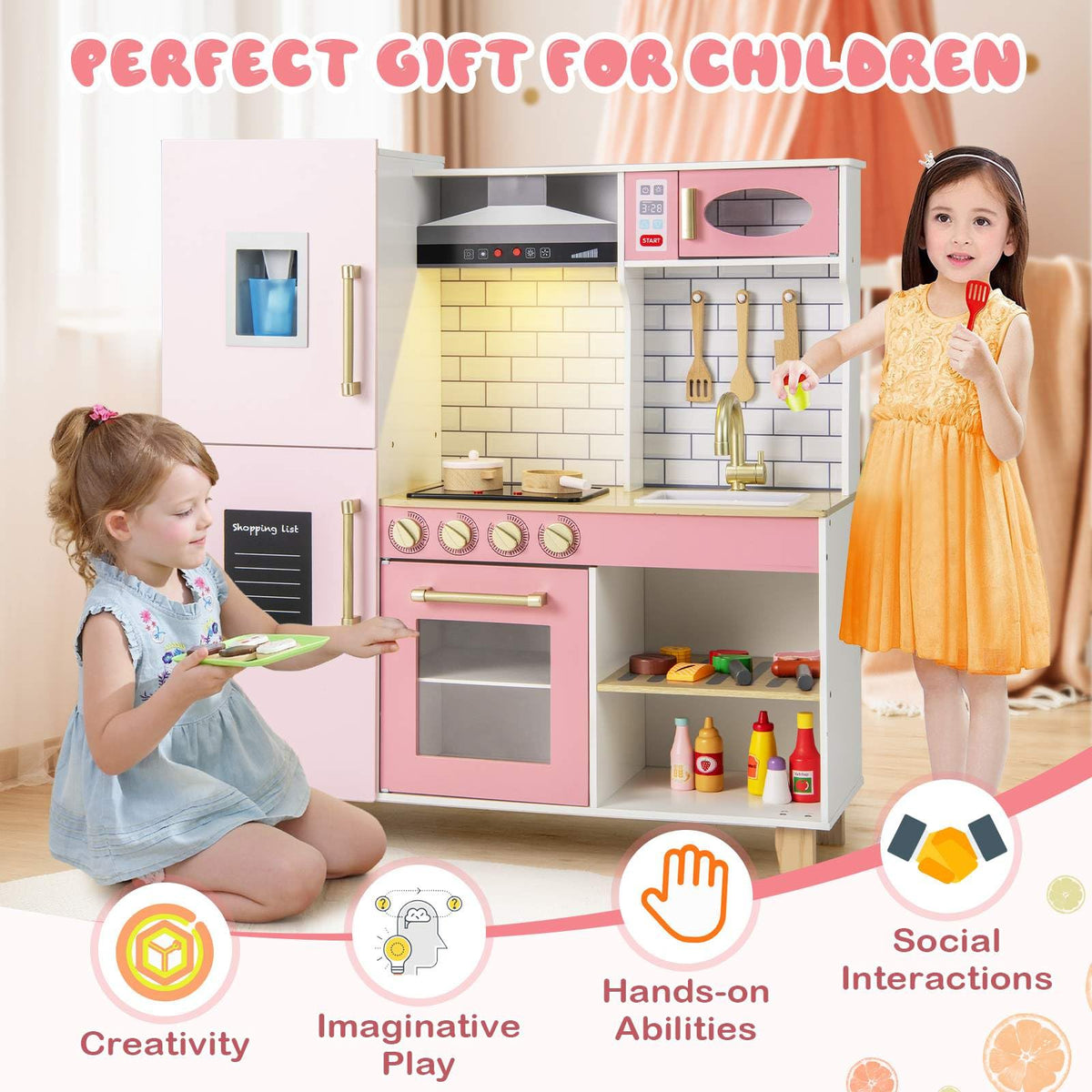 Kids Kitchen Playset, Wooden Pretend Play Kitchen w/Ice Maker, Range Hood, Blackboard