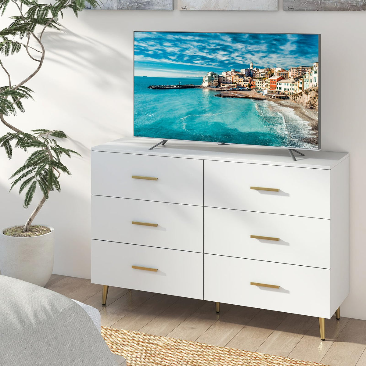 6 Drawer Dresser with Anti-Toppling Device and Modern TV Stand