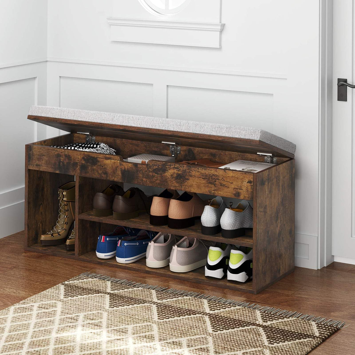Shoe Bench w/Padded Seat, Shoes Rack w/Hidden Storage