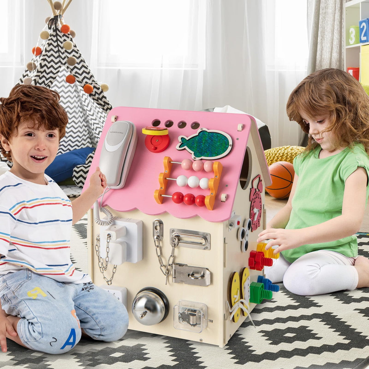 Busy House Kids Wooden Busy House Toy, Montessori Play House w/Sensory Games & In ...