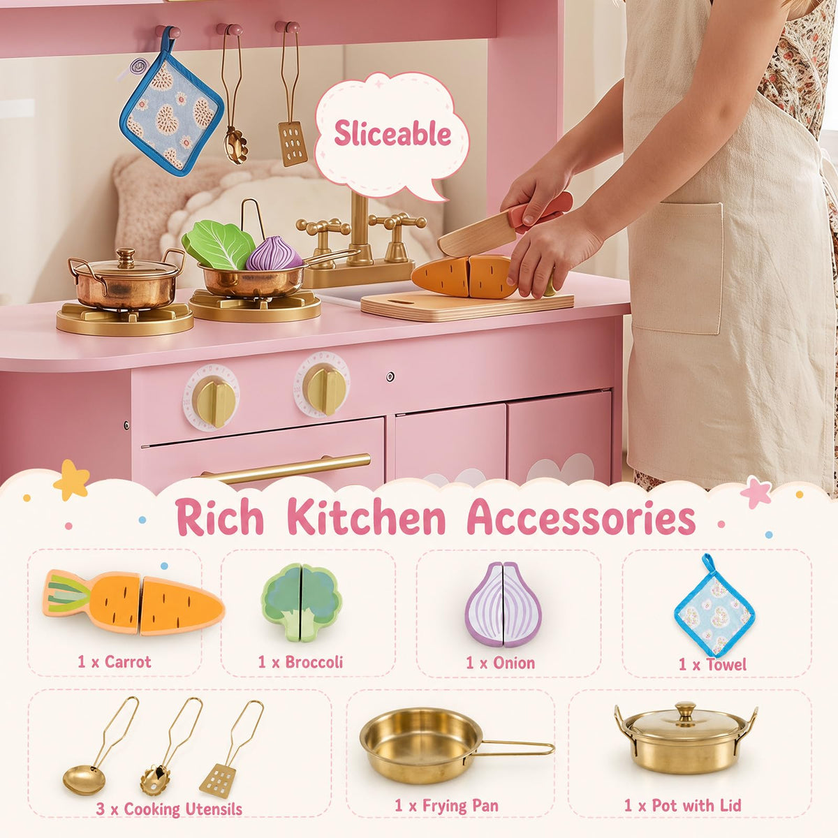 Wooden Play Kitchen for Kids Toddlers with Real Lights and Sounds