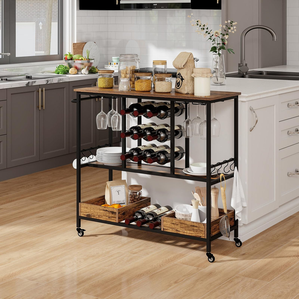 3-Tier Bar Cart Serving Cart on Wheels Industrial Rolling Beverage Cart Kitchen