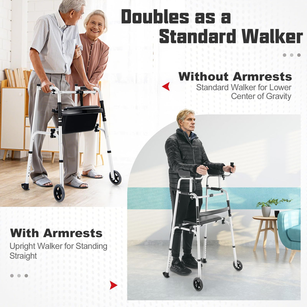 Folding Upright Walker with Seat Wheels and Removable Arm Support