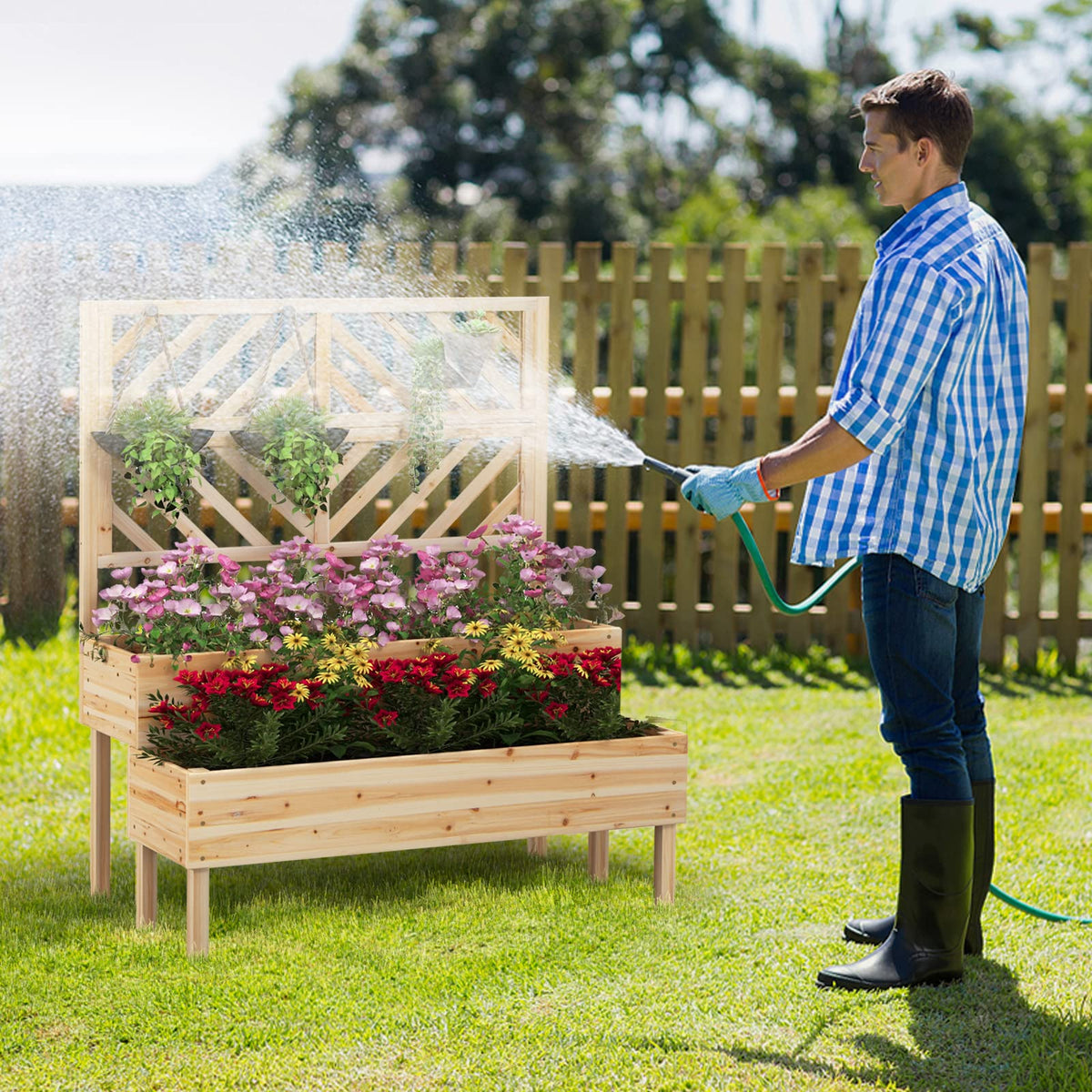 Giantex 2-Tier Raised Garden Bed w/Trellis, Wooden Elevated Planter Box w/Legs