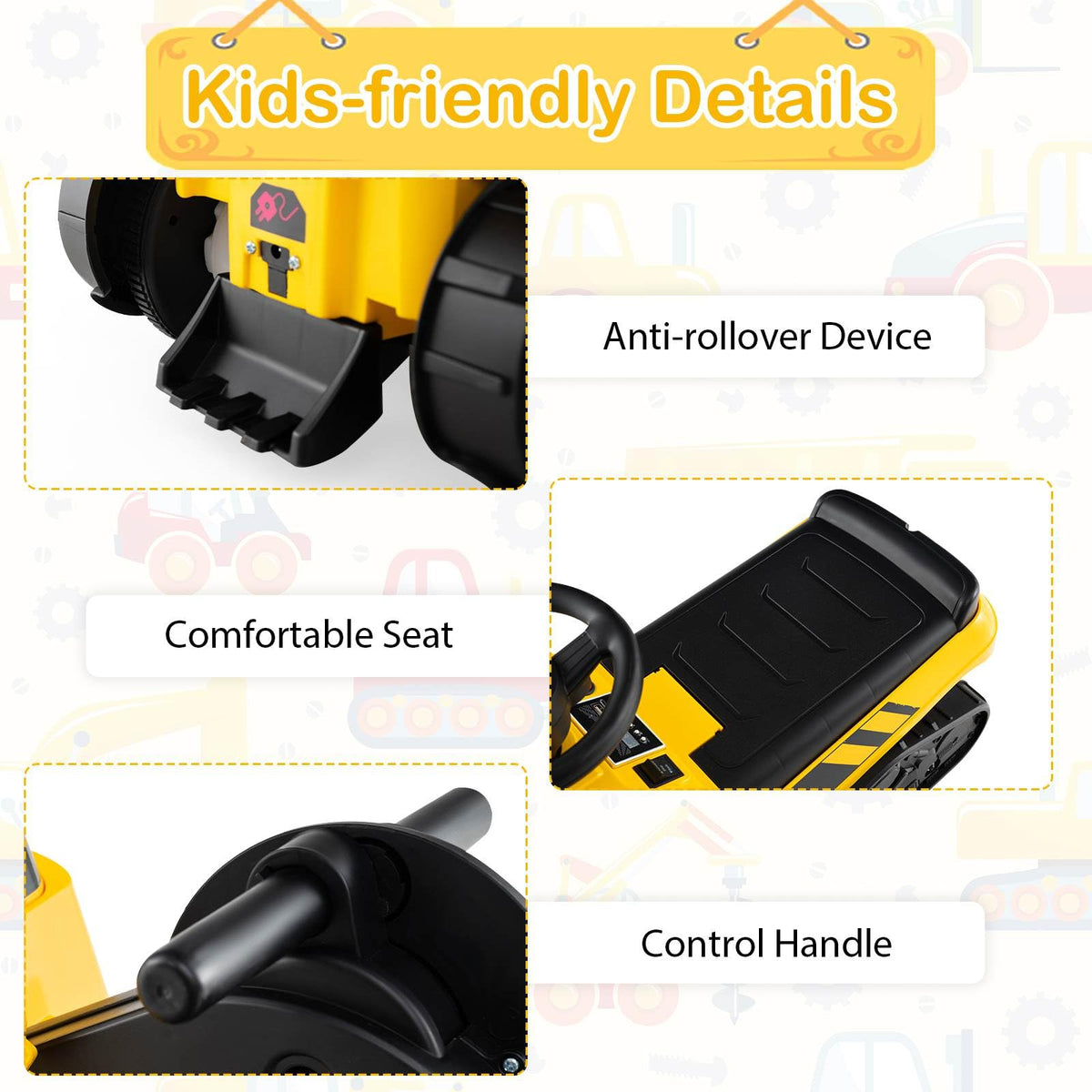 3-in-1 Kid Ride on Tractor w/Adjustable Arms, Electric Excavator Bulldozer Toy Road Roller