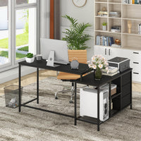 Giantex L-Shaped Computer Desk with Power Outlet, Convertible Corner Desk with 3 Fabric Drawers & Metal Mesh Shelves