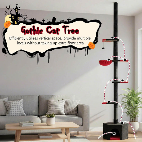Floor to Ceiling Gothic Cat Tree 245-300 CM Adjustable, 5-Tier Tall Multi-Level Cat Tower