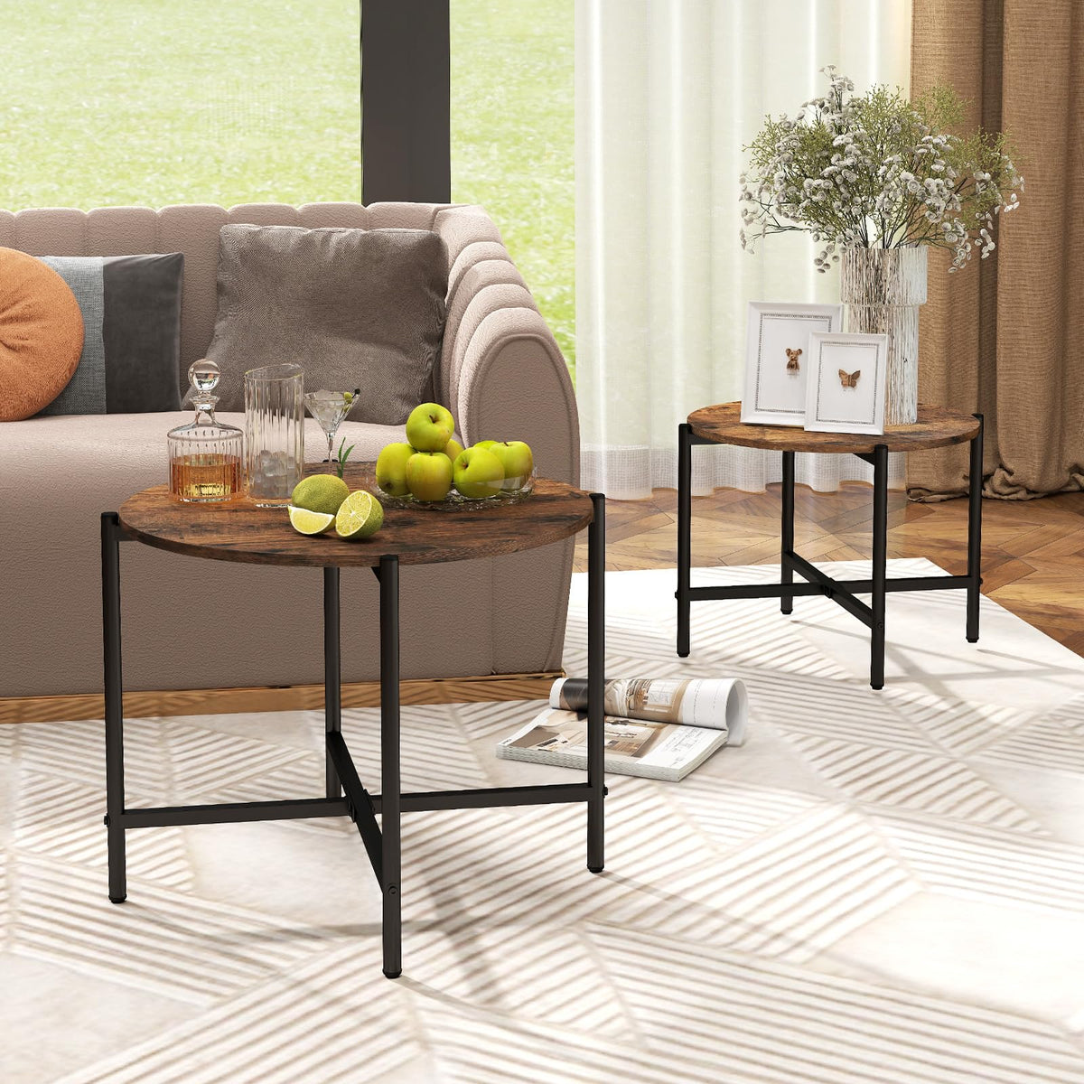 Round Coffee Table Set of 2, 55cm & 65cm Nesting Coffee Tables with Heavy-Duty Metal Frame