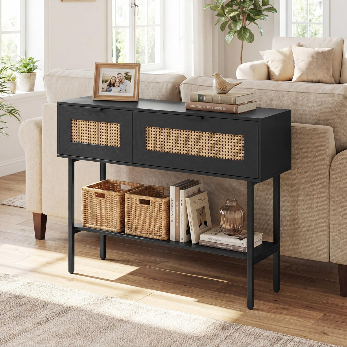 Rattan Console Table with Flip Doors and Open Storage Shelf