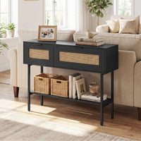 Rattan Console Table with Flip Doors and Open Storage Shelf