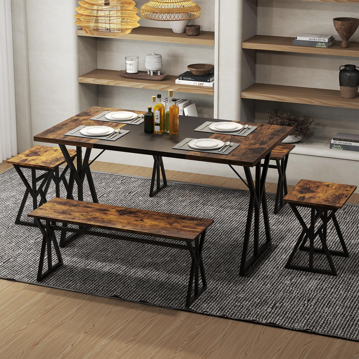 5-Piece Dining Room Set for 4-6 People Space-Saving Dinette Set with Metal Frame