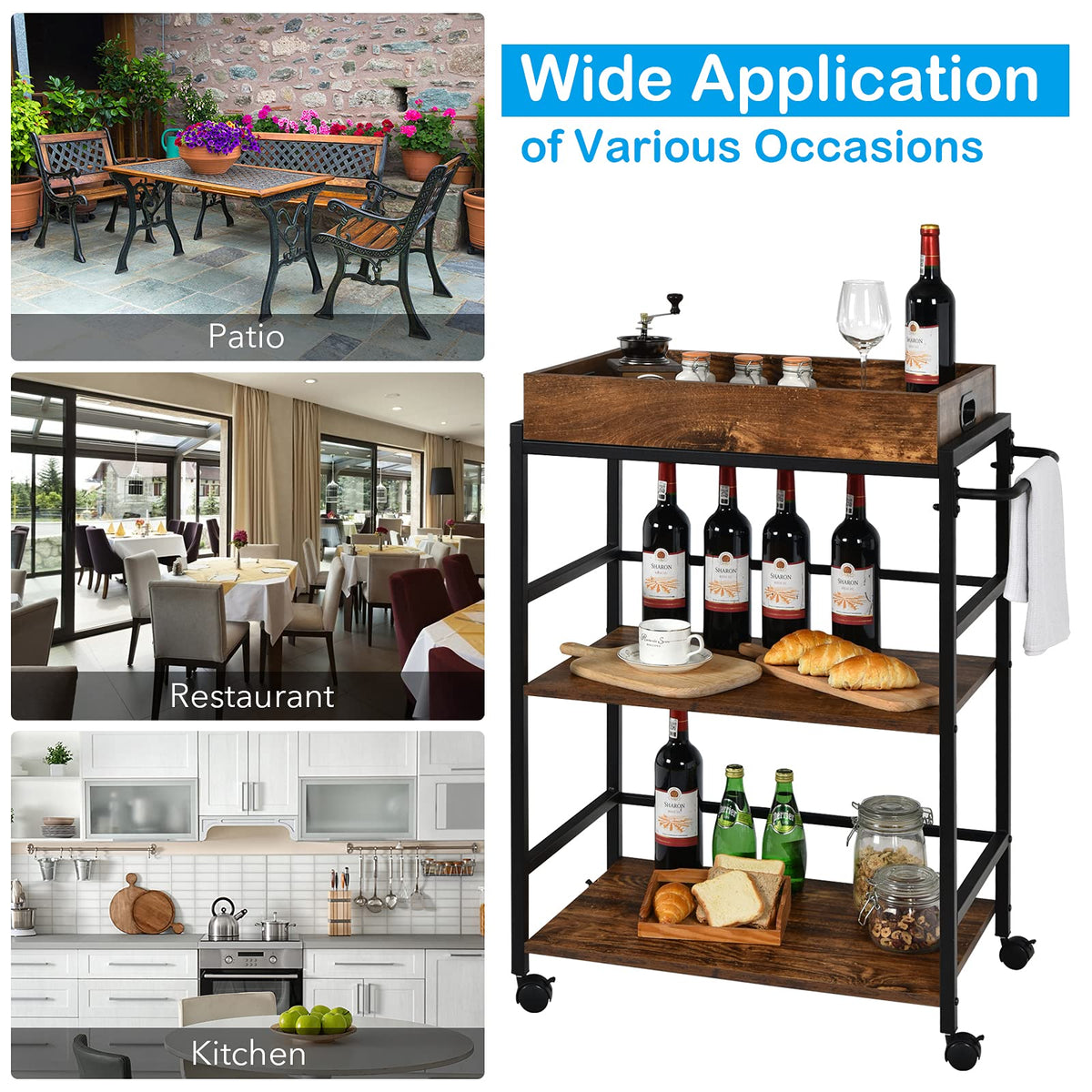 Giantex 3-Tier Kitchen Island Bar Cart, Industrial Serving Cart, Utility Trolley Wine Storage Cart