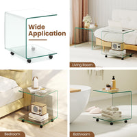 C-Shaped End Table, Modern Tempered Glass Side Table with 2-Tier Shelf