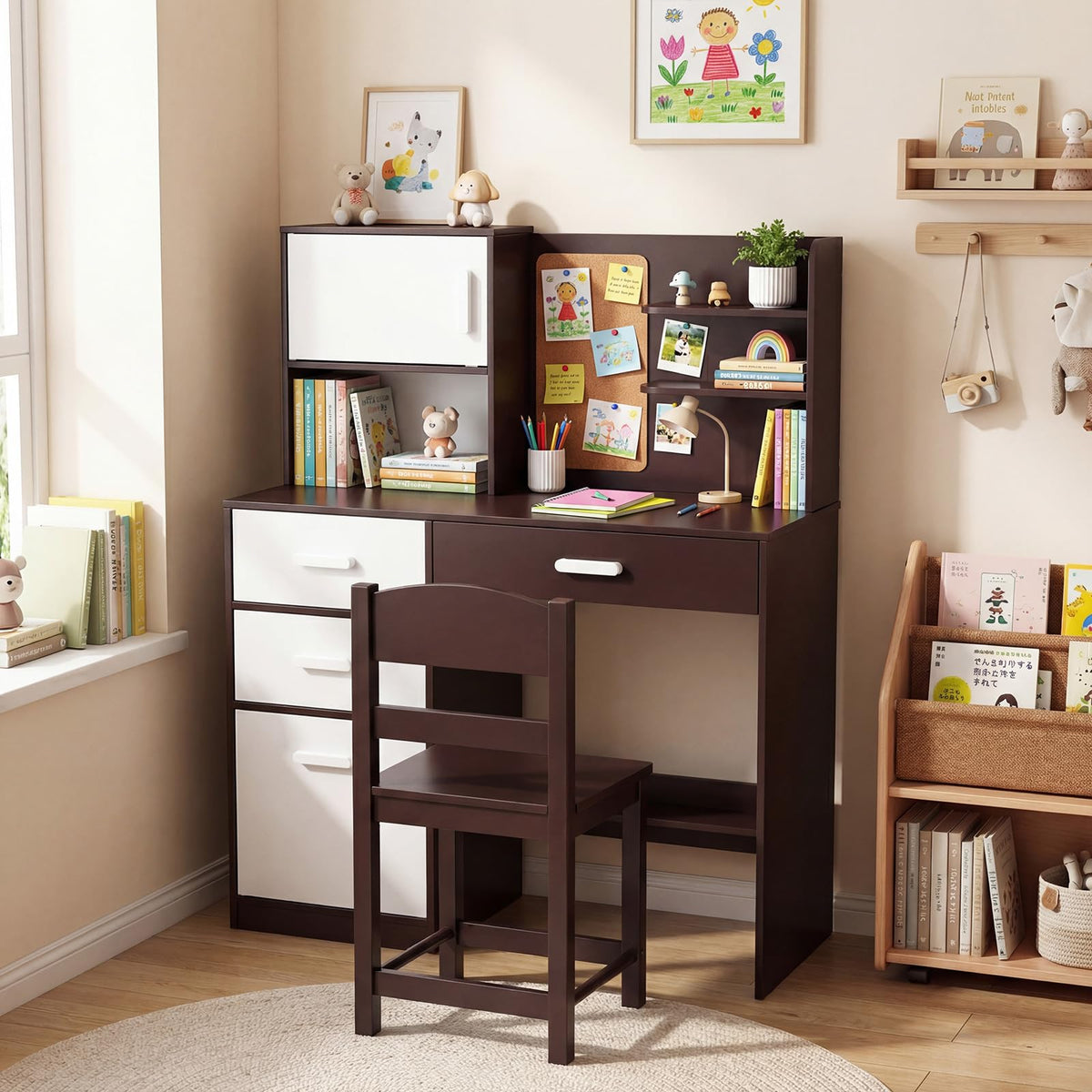 Kids Desk and Chair Set with Hutch and Bulletin Board