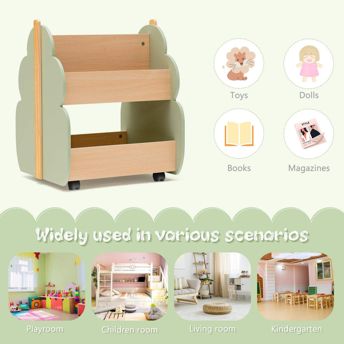 Kids Wooden Bookshelf with Universal Wheels and 2-Tier Storage Shelf