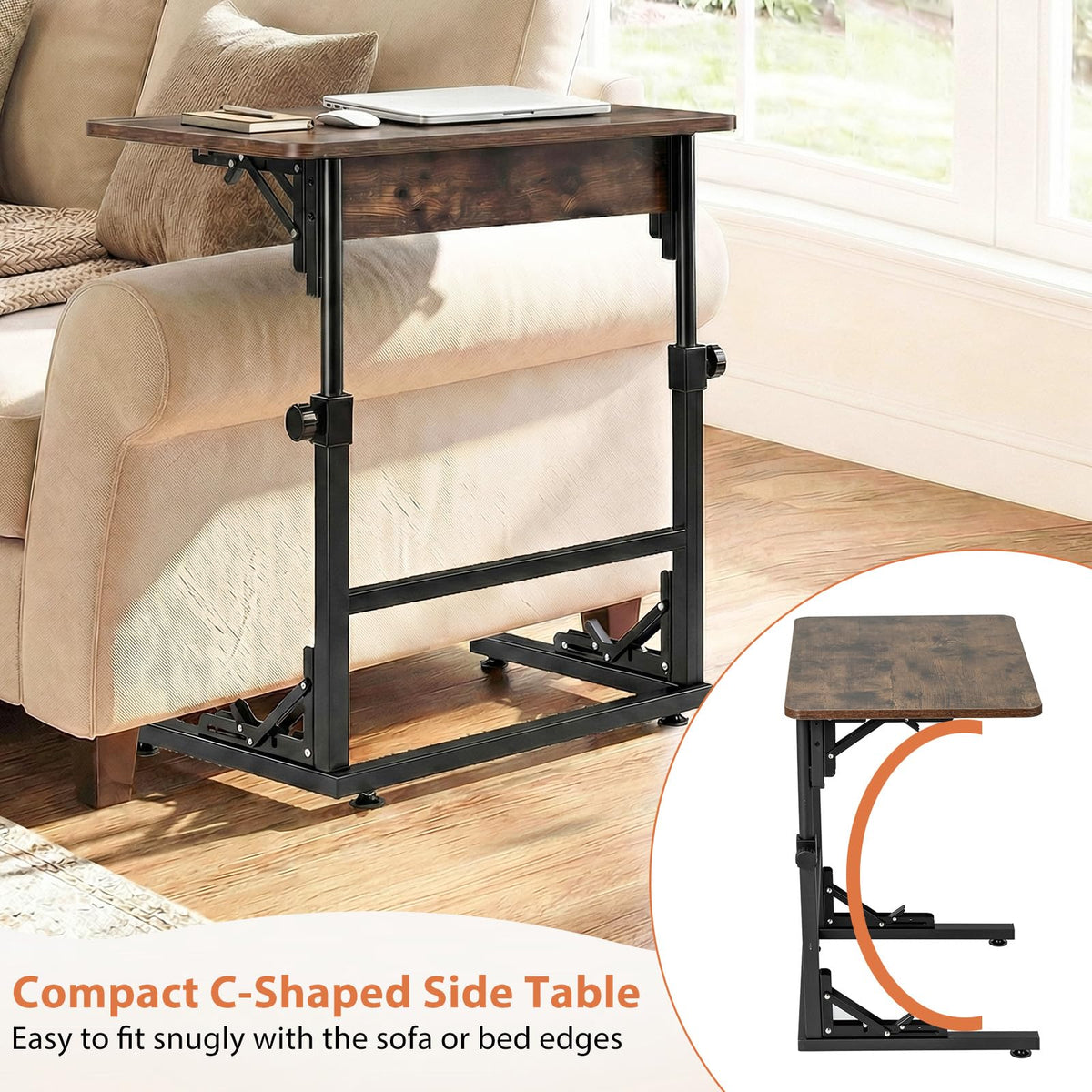 Giantex Folding C-Shaped End Table, Height Adjustable Sofa Side Table