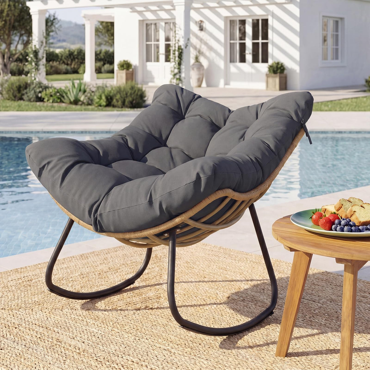 Outdoor Papasan Rocking Chair, Oversized PE Wicker Patio Egg Chair