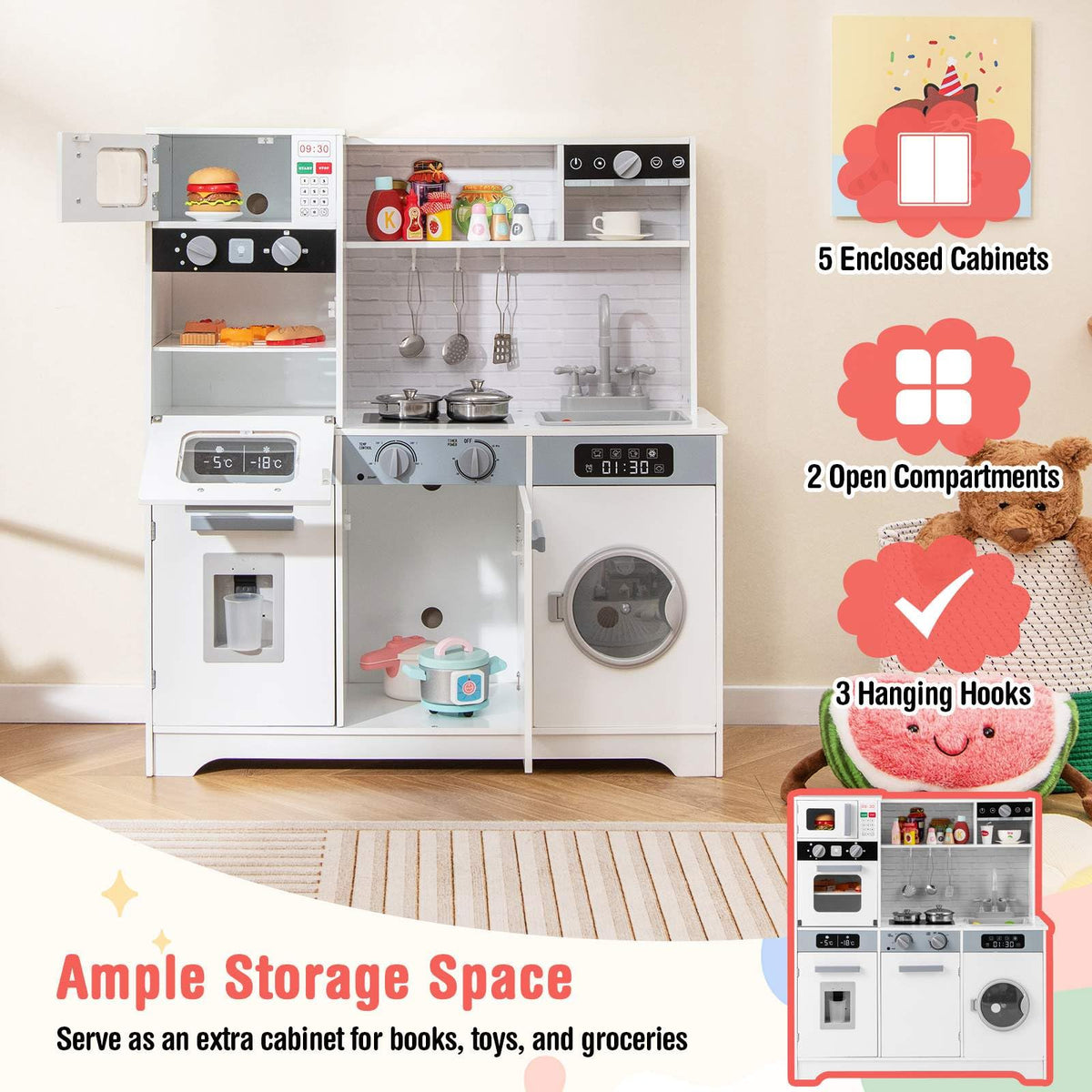 Pretend Play Kitchen for Kids with Coffee Maker Sink Faucet