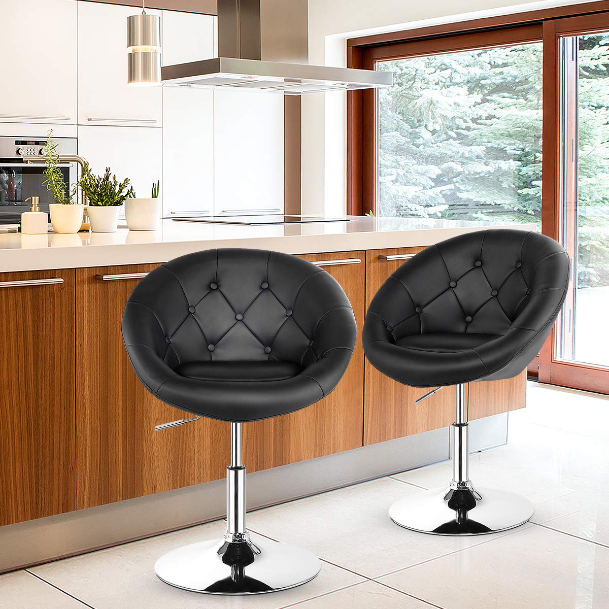 Giantex Swivel Vanity Chair, Height Adjustable Accent Chair w/ Round Tufted Back, Modern Bar Stool w/ PU Leather & Chromed Base