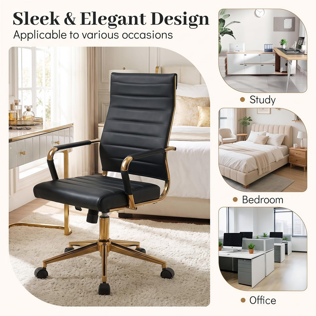Ribbed PU Leather Office Chair with Armrests and Reclining Backrest
