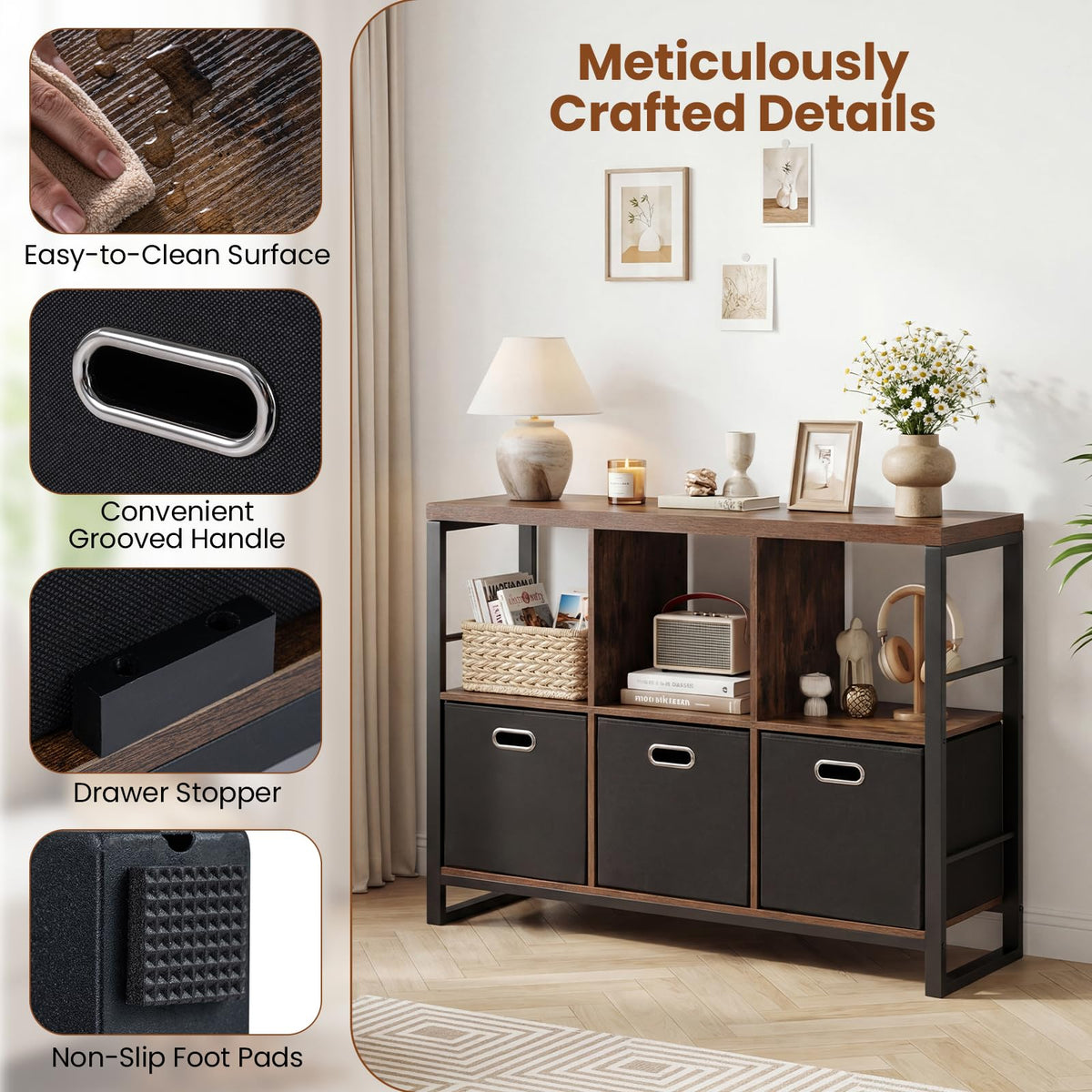 6 Cube Storage Organizer with 3 Bins Industrial Metal Frame Bookshelf 2-Tier