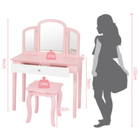 Kids Vanity Table and Chair Set, Princess Makeup Dressing Table with Drawer & Tri-Folding Mirror