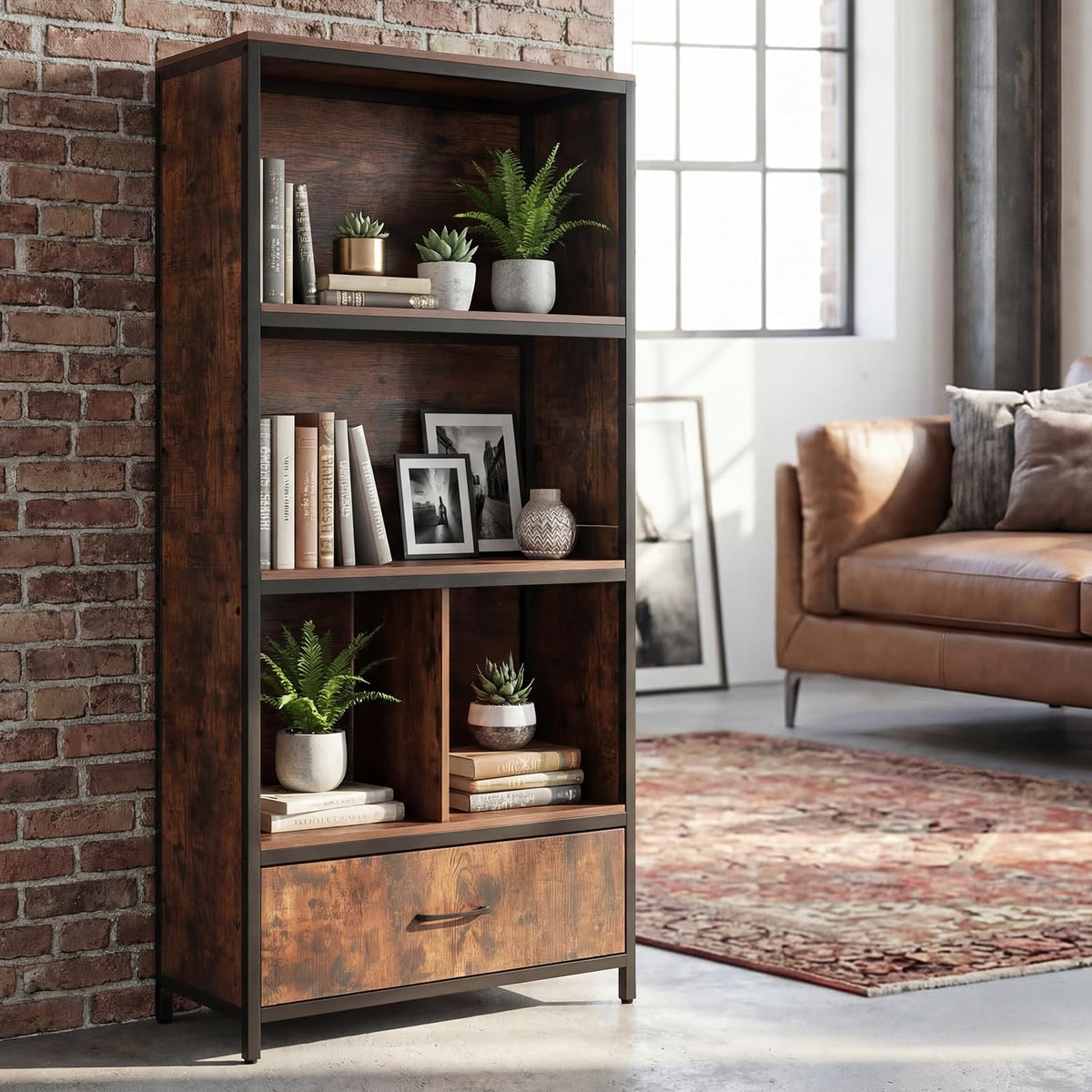 Industrial Freestanding Bookcase with 4 Storage Compartments and Large Fabric Drawer for Study