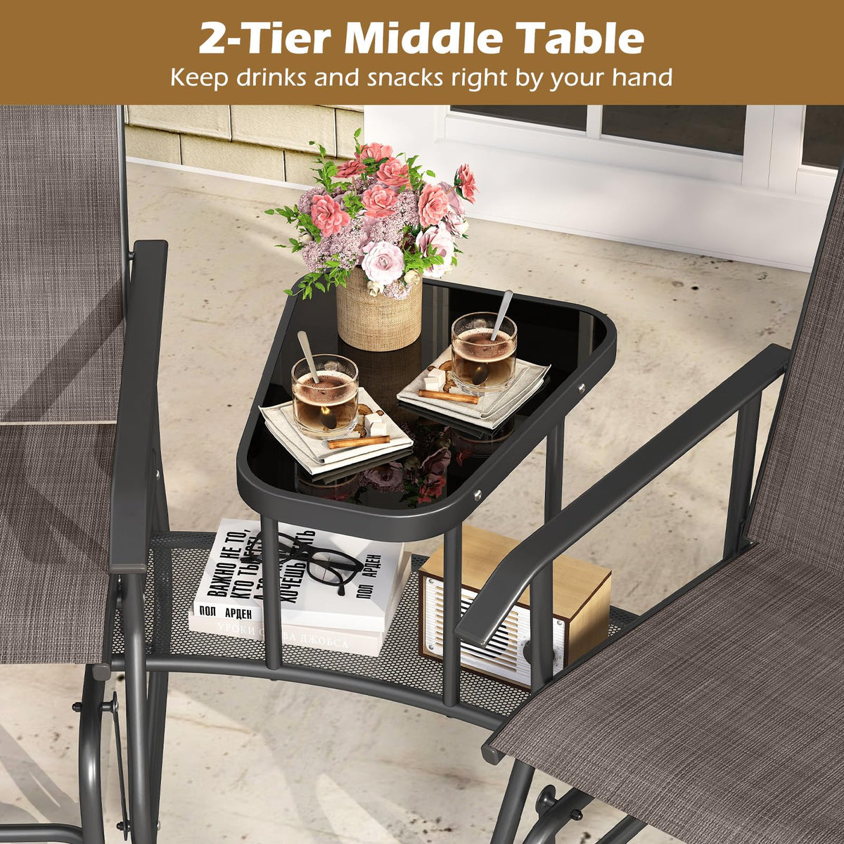 2-Seater Outdoor Glider Bench with 2-Tier Center Table