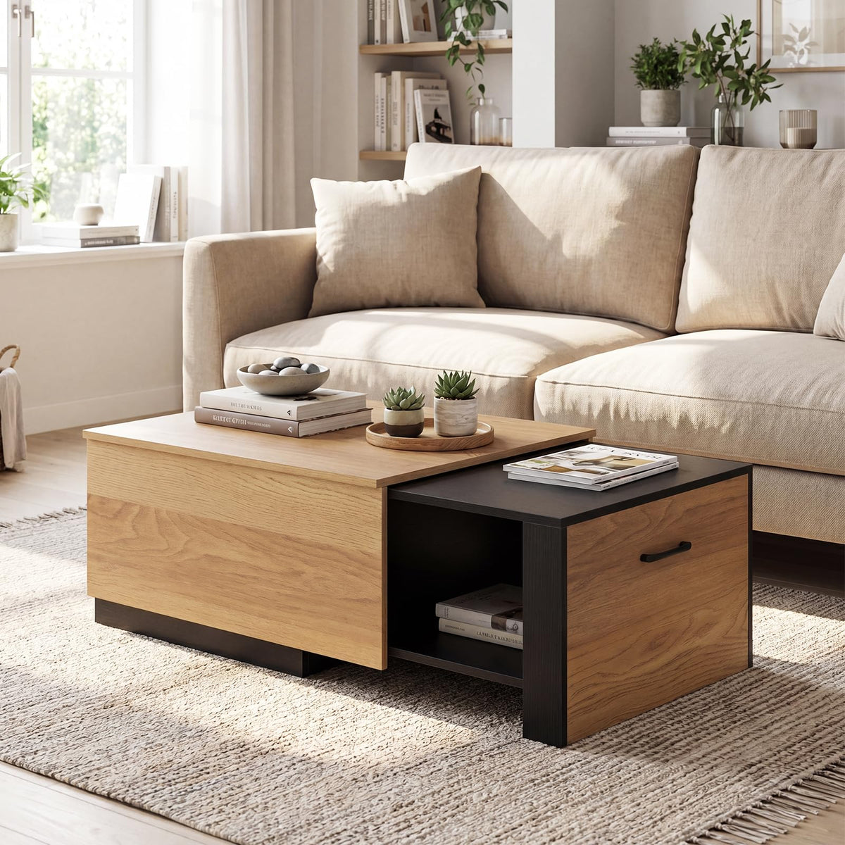 Extendable Coffee Table with 2 Storage Compartments Dual-Tone Center Table