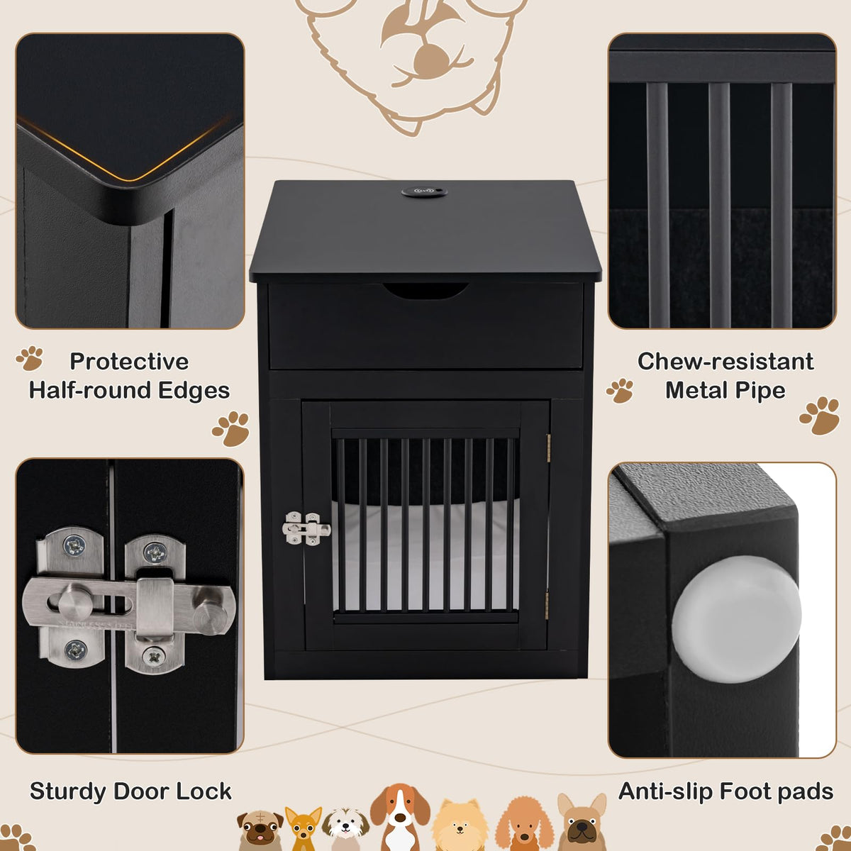 Decorative Dog Kennel End Table with Wired & Wireless Charging