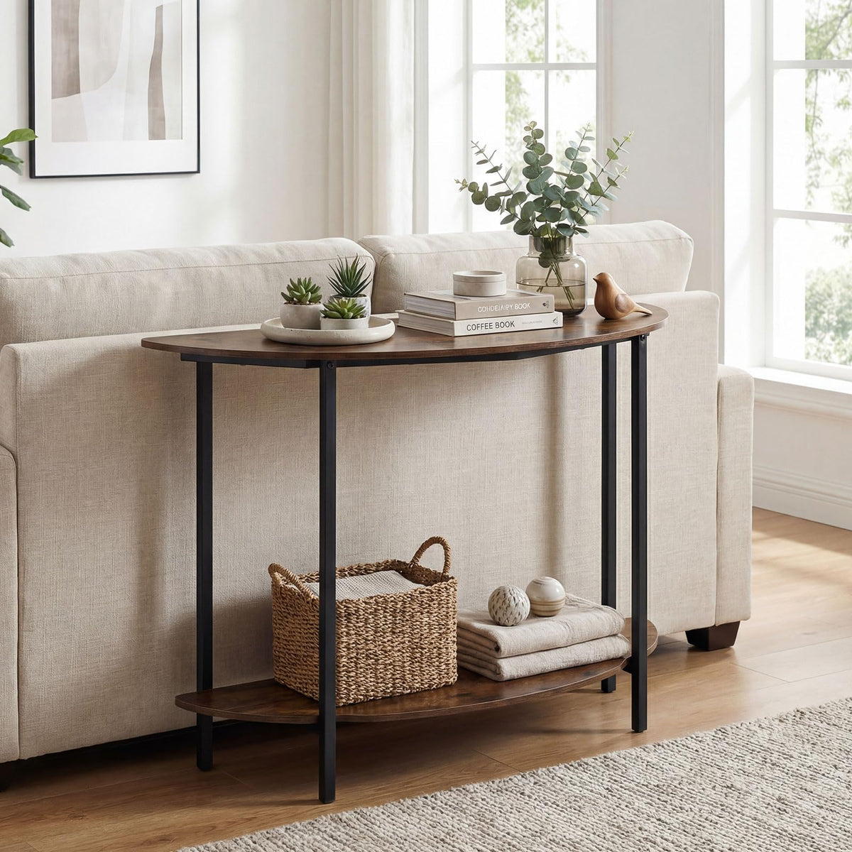 Half-moon Console Table with Open Storage Shelf and Anti-tip Kits for Living Room