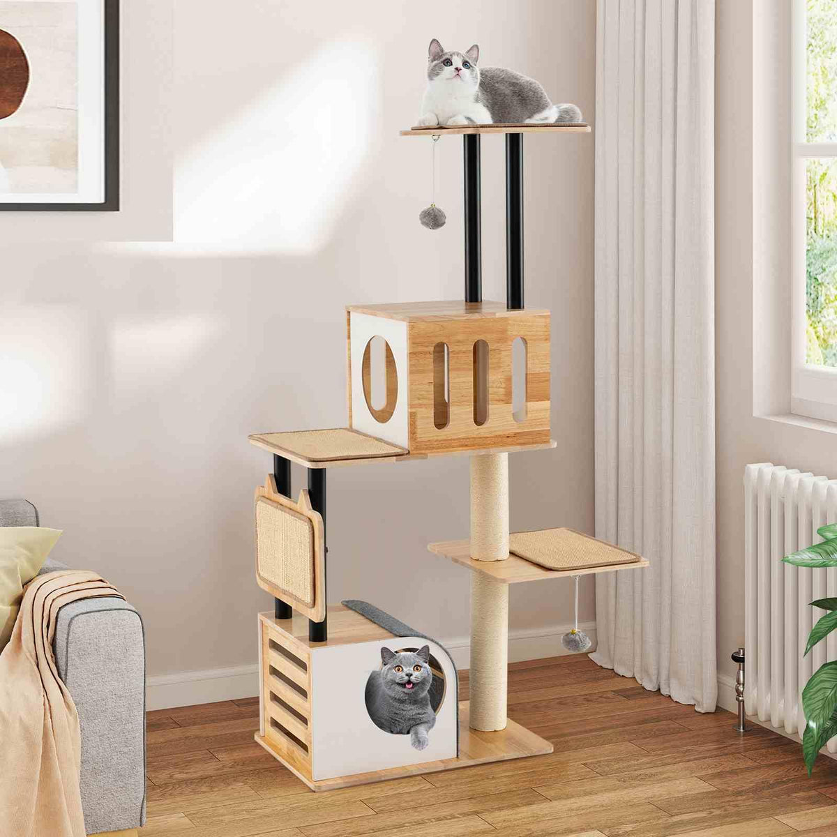 Wood Cat Tree Modern Multi-level Cat Tower w/Double Condos & Sisal Posts Indoor