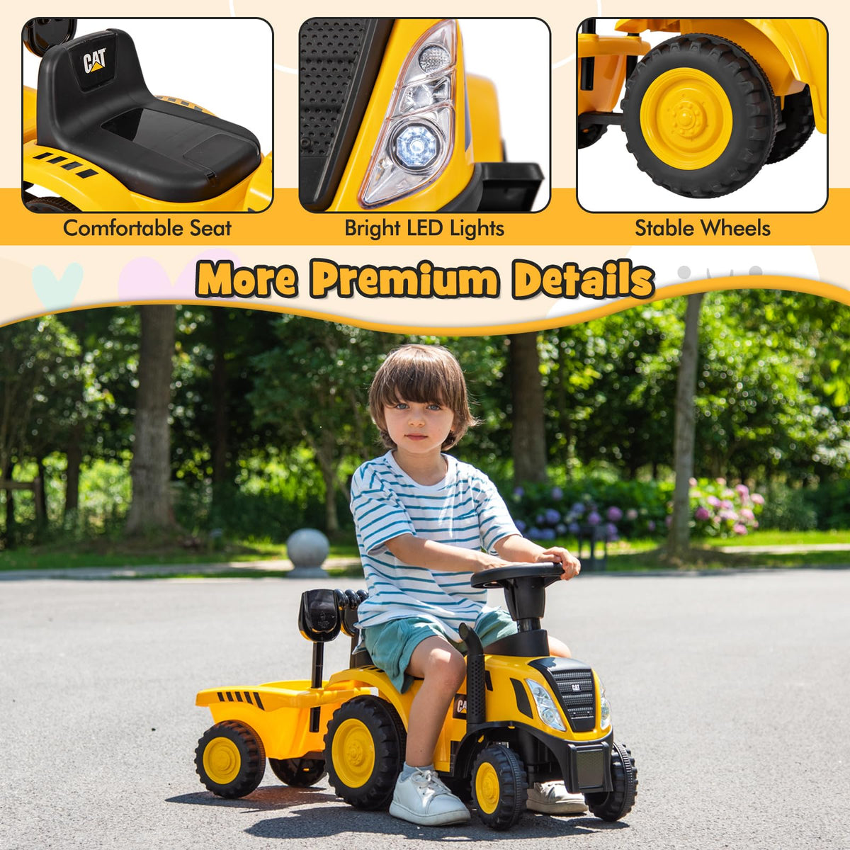 Licensed Caterpillar Foot to Floor Sliding Car with Detachable Trailer