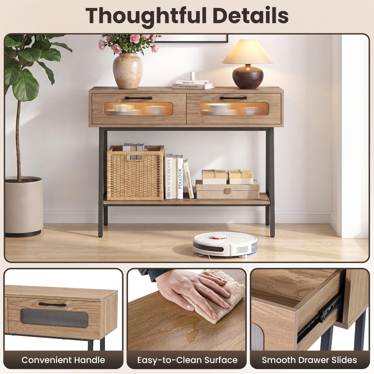 2-Tier Farmhouse Console Table with Colorful LED Lights and 2 Drawers