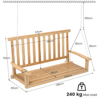 2-Seat Patio Swing Bench, Wood Hanging Porch Swing Chair W/ 2 Sturdy Hanging Ropes