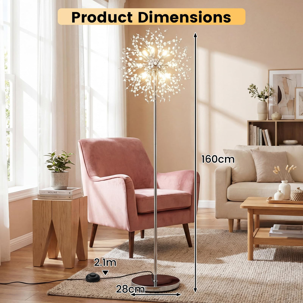 160cm Crystal Floor Lamp, Modern Freestanding Dandelion Light with Acrylic Crystals