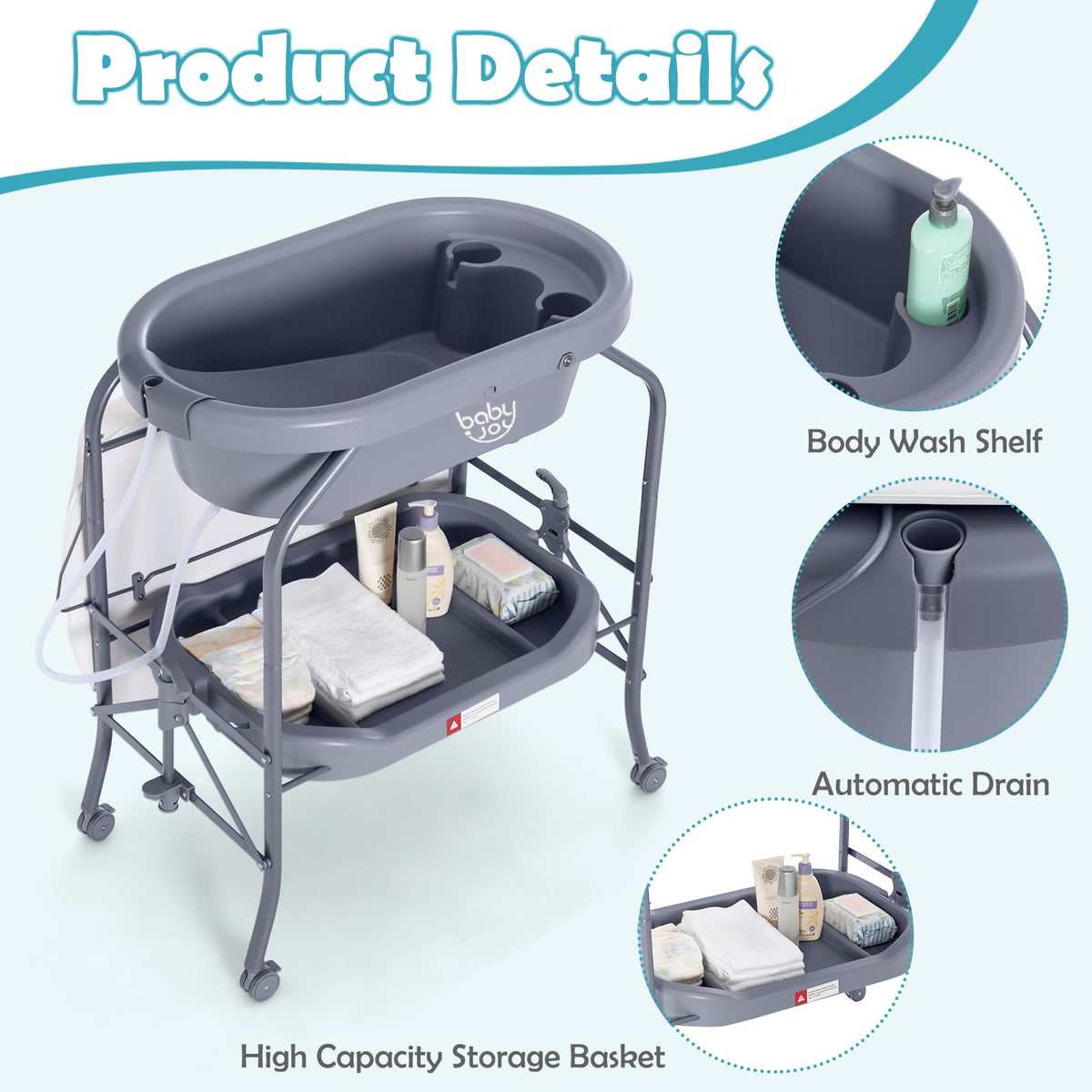 2 in 1 Baby Changing Table with Bathtub, Folding Diaper Dresser Station for Newborn Infant with Wheels