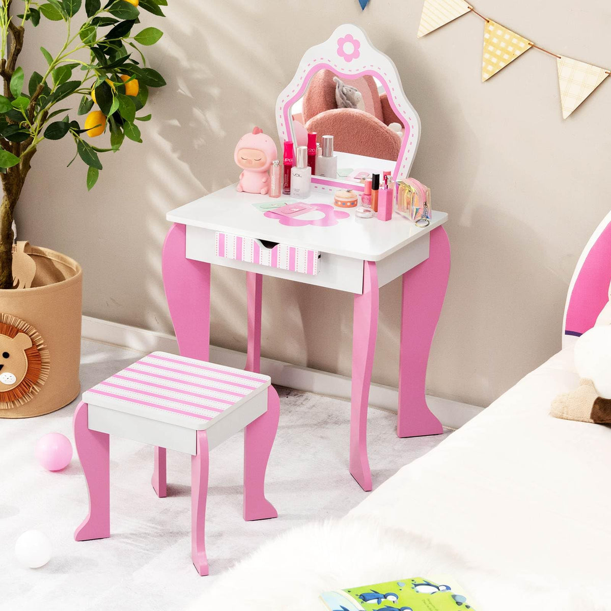 Kids Vanity Table & Stool Set, Wooden Princess Makeup Dressing Table with Detachable Top & Writing Desk