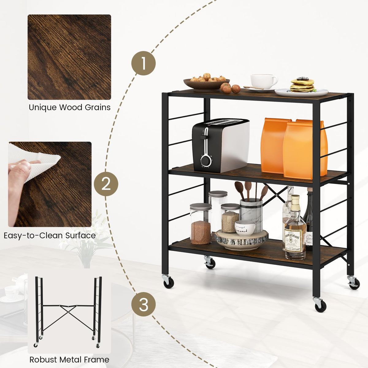 Giantex 3-Tier Foldable Shelving Unit, Heavy Duty Metal Shelves with Detachable Wheels