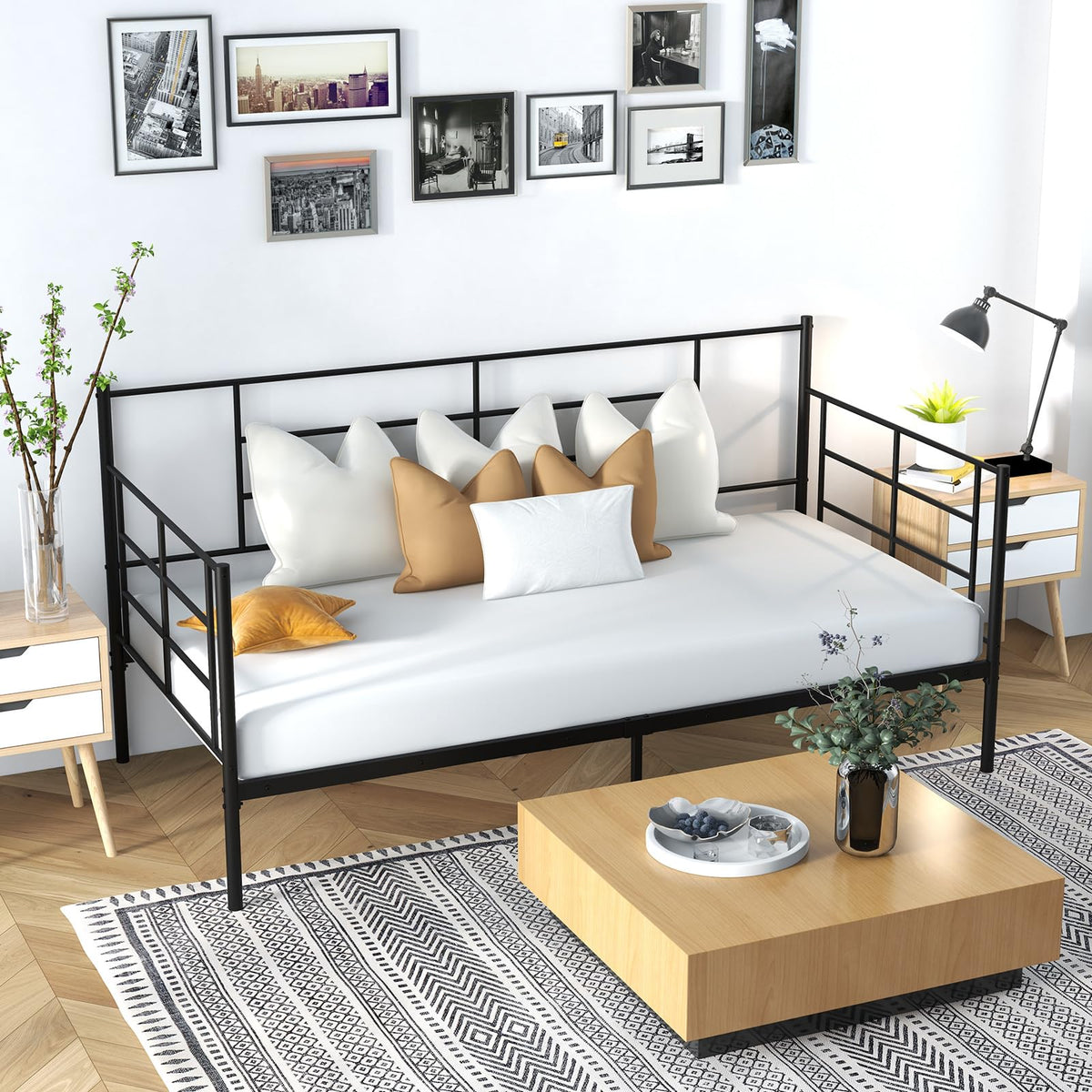 Single Daybed 2-in-1 Sofa Bed w/Arms & Back Metal Slat Support Living Room Black