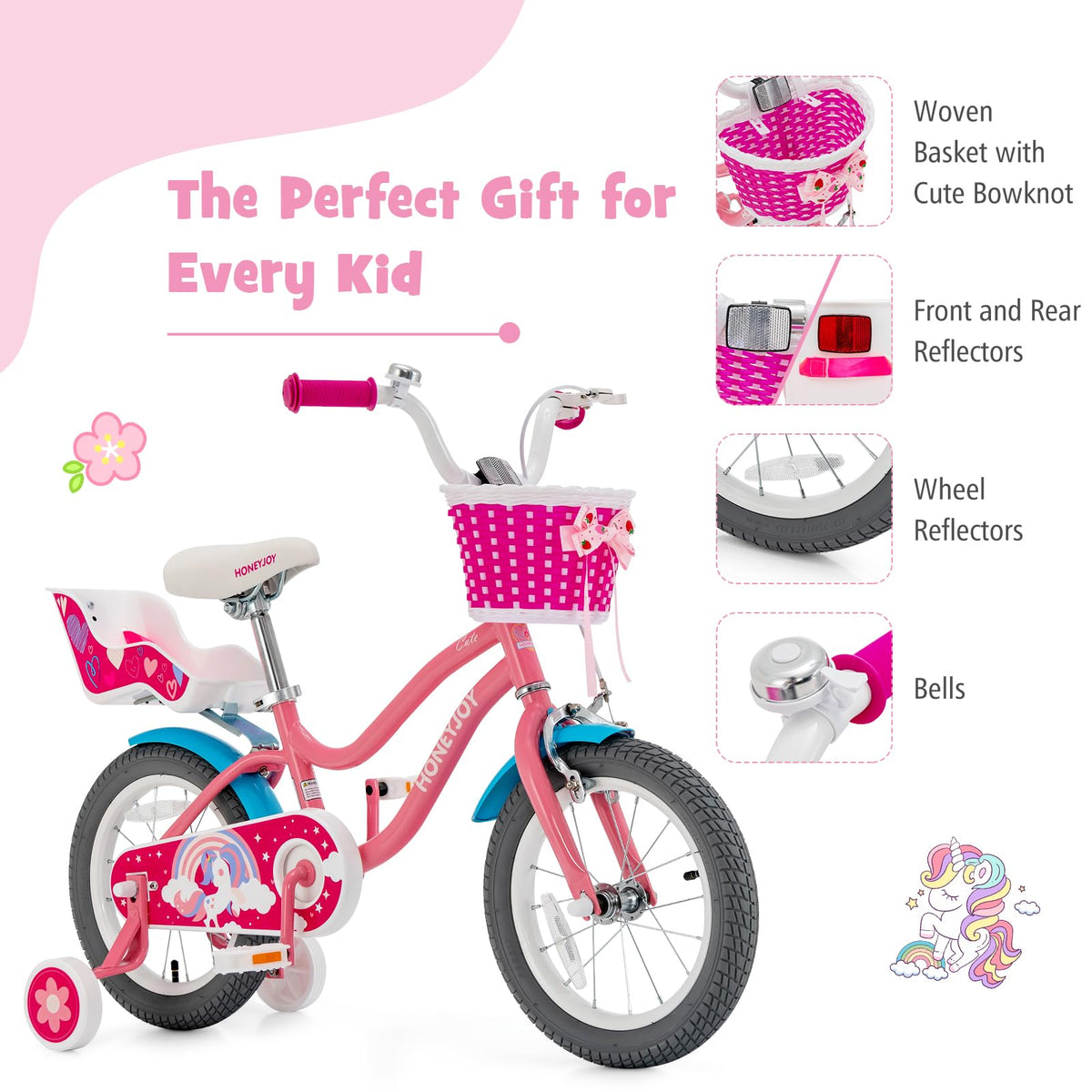 14" Kids Bicycle w/Training Wheels & Front Handbrake, Kids Bike with Doll Seat & Basket