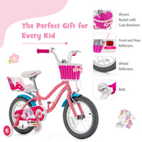 14" Kids Bicycle w/Training Wheels & Front Handbrake, Kids Bike with Doll Seat & Basket