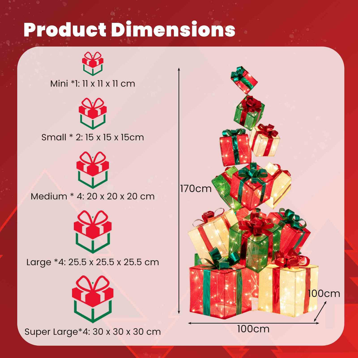 15 Pieces Staked Lighted Christmas Boxes with 450 Light Bulbs
