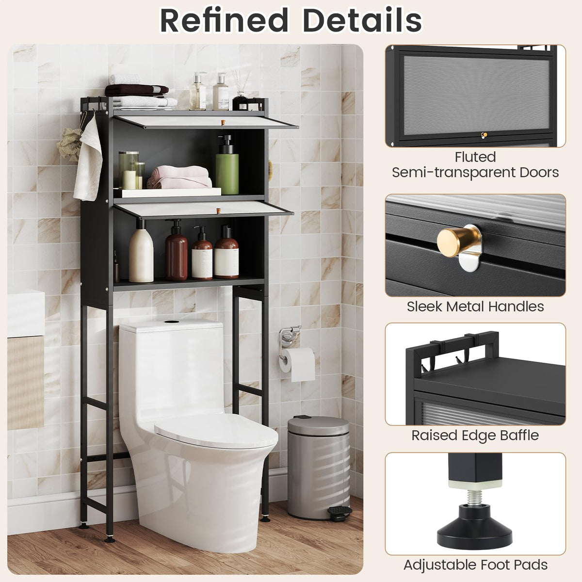 166 cm Over-the-toilet Cabinet Bathroom Organizer with Hooks