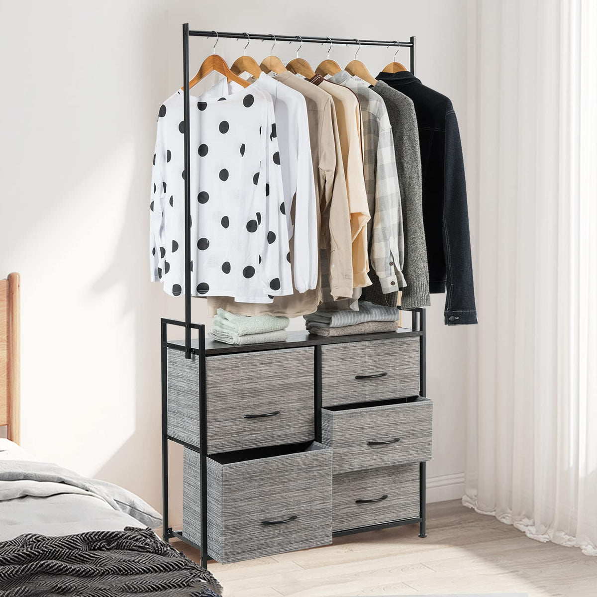 Giantex Clothing Rack w/ 5 Fabric Drawers, Closet Organizers and Storage, Dresser Wardrobe Closet
